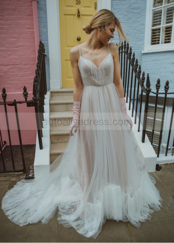 Spaghetti Straps Ivory Lace Tulle Blush Lining Romantic Wedding Dress